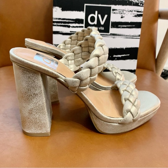 Gold Presley Braided Block Heel Sandals Slides - Picture 10 of 15